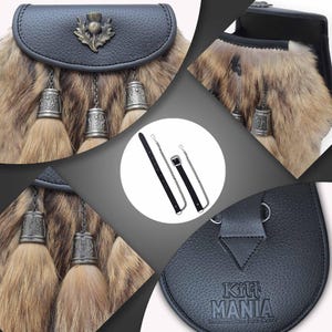 Puede incluir: Un sporran de cuero negro con frente de piel, borlas plateadas y un emblema decorativo de cardo. Incluye un cintur&oacute;n de cuero negro con hebilla y cadena plateadas. Accesorio escoc&eacute;s tradicional.