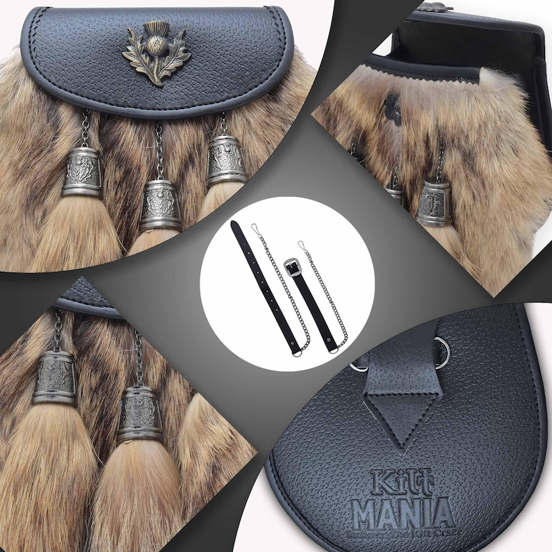 Puede incluir: Un sporran de cuero negro con frente de piel, borlas plateadas y un emblema decorativo de cardo. Incluye un cintur&oacute;n de cuero negro con hebilla y cadena plateadas. Accesorio escoc&eacute;s tradicional.