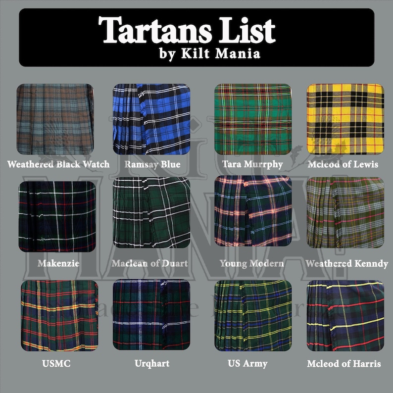 May include: A grid of tartan patterns, each labeled with a name. The tartans feature various color combinations, including blue, green, yellow, and red. The text "Tartans List by Kilt Mania" is at the top.