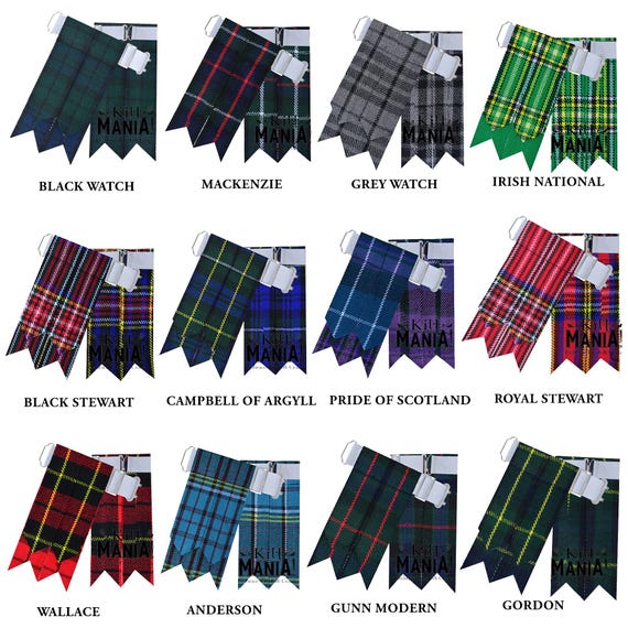 Scottish Tartan Kilt Flashes - Traditional Kilt Hose Socks Garters - Matching Pair of Flashes with Metal Buckle Closure - 60+ Tartans