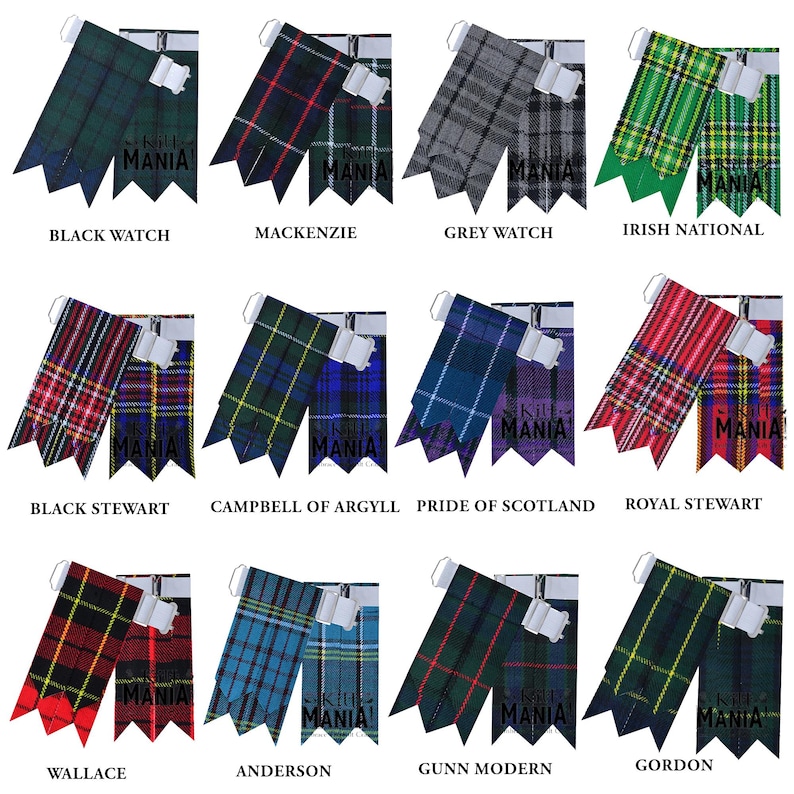 May include: A set of 12 different kilt flashes, each with a unique tartan pattern. The flashes are made of fabric and have a white strap with a buckle. The flashes are arranged in a grid pattern, with each flash labeled with its name.
