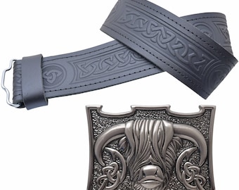 Scottish Kilt Belt and Buckle set – Black Leather with Celtic Trinity Embossing, Heilan Coo Buckle Handcrafted - Perfect Highland Dress