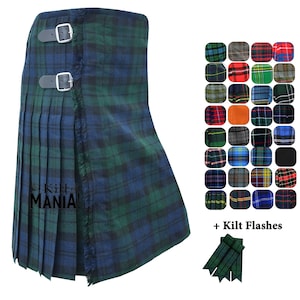 Kilts de tartán escocés - Kilt Highland de 8 yardas y 16 oz de lana acrílica - Vestido de hombre hecho a mano - Disponible en más de 80 colores - Kilt Flashes - Kilt de tartán