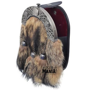 May include: A brown and black fur sporran with a silver Celtic knot design and a black leather pouch. The sporran has three tassels and is attached to a kilt.
