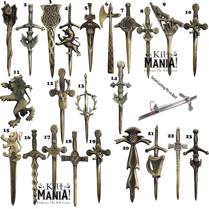 May include: A collection of 23 gold-toned kilt pins with various designs, including swords, thistles, and animals. The pins are numbered 1 through 23. The text "Kilt MANIA! Embrace The Kilt Craze" appears twice on the image.