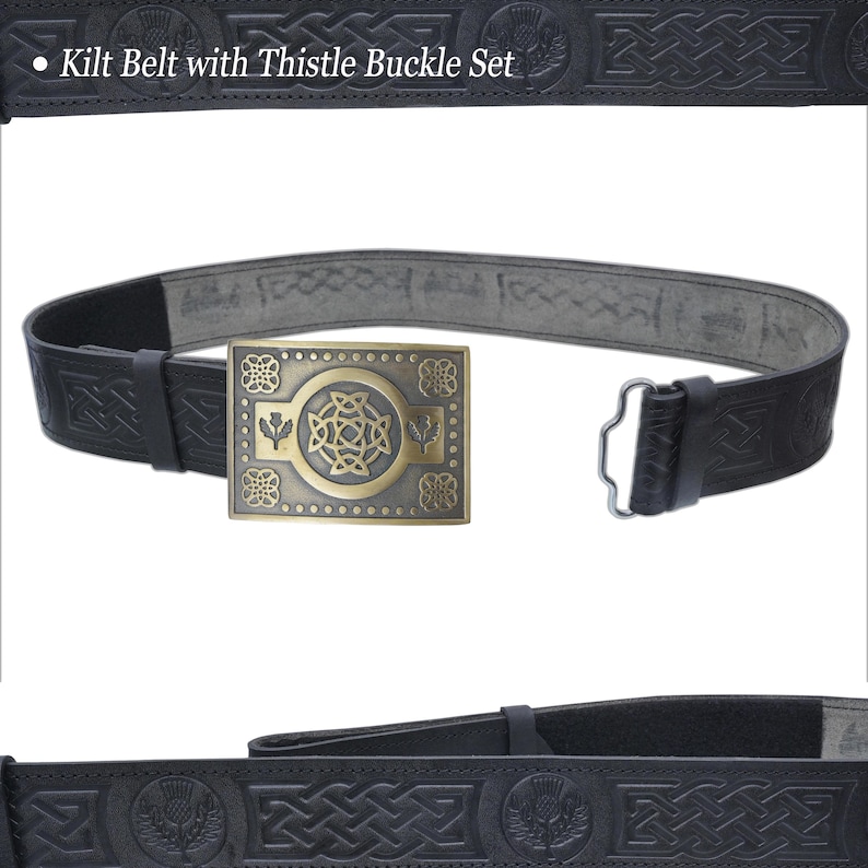 May include: Black kilt belt with a thistle buckle set. The belt features embossed Celtic knotwork and thistle designs. The buckle is square, with a gold-colored finish and intricate Celtic knot and thistle details. The text "Kilt Belt with Thistle Buckle Set" is at the top.