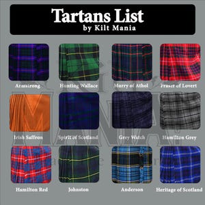May include: A grid of tartan patterns, each labeled with a name. The tartans feature various color combinations, including green, red, blue, and grey. The text "Tartans List by Kilt Mania" is at the top.