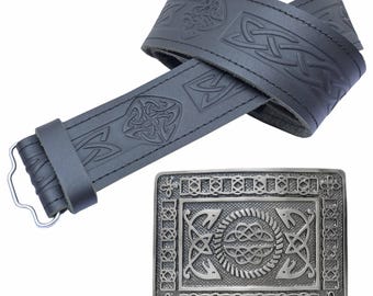 Leather Kilt Belt & Buckle Set – Celtic Diamond Embossed Belt with Knot Serpent Buckle for Men, Perfect Kilt Belts for Men