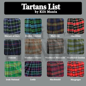 May include: A grid of twelve tartan patterns, each with a unique plaid design. The image includes the text "Tartans List by Kilt Mania" at the top. Each tartan is labeled with a name, such as "Macneil of Bara" and "Macgregor."