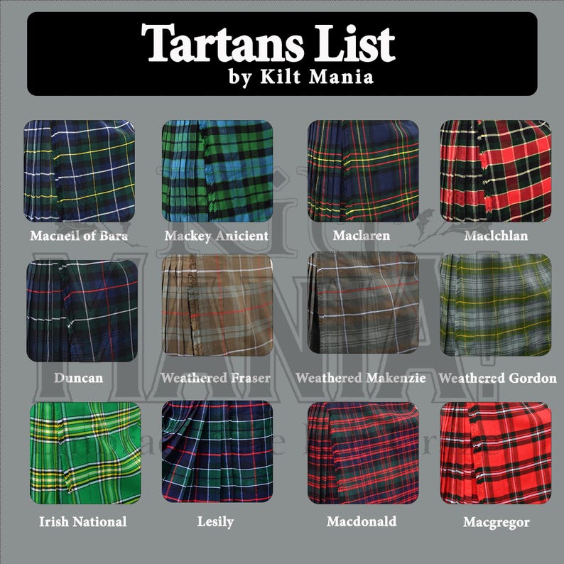 May include: A grid of twelve tartan patterns, each with a unique plaid design. The image includes the text "Tartans List by Kilt Mania" at the top. Each tartan is labeled with a name, such as "Macneil of Bara" and "Macgregor."