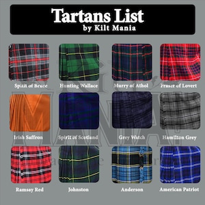May include: A grid of tartan patterns with names, including "Spitit of Bruce," "Hunting Wallace," and "Fraser of Lovert." The text "Tartans List by Kilt Mania" is at the top. The tartans feature various colors and plaid designs.