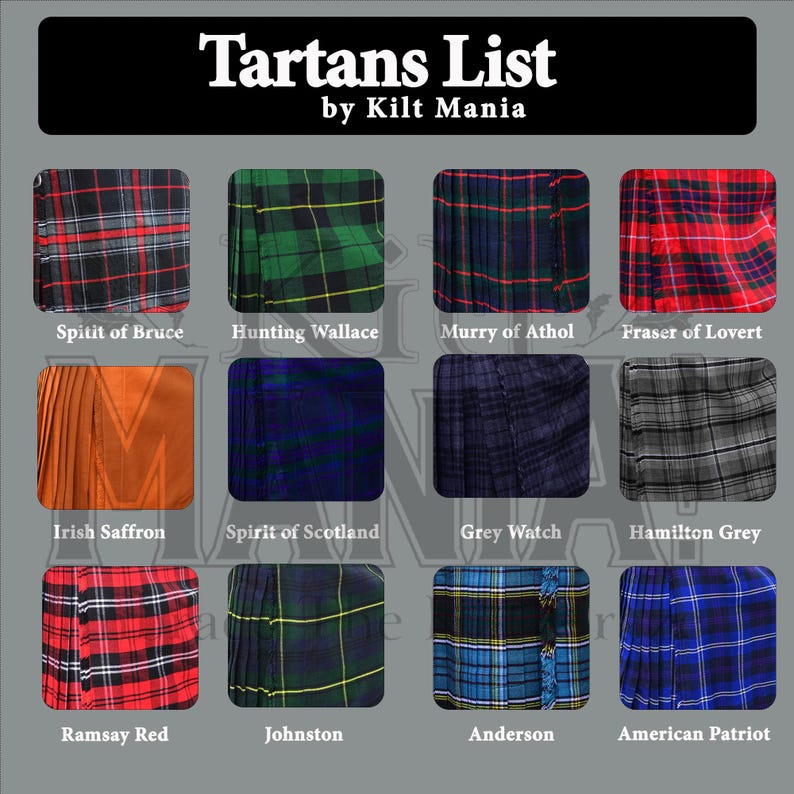 May include: A grid of tartan patterns with names, including "Spitit of Bruce," "Hunting Wallace," and "Fraser of Lovert." The text "Tartans List by Kilt Mania" is at the top. The tartans feature various colors and plaid designs.
