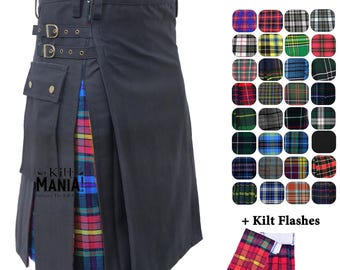 Scottish Hybrid Tartan Kilts – 8-Yard, 16 oz Acrylic Wool Utility Kilt for Men – Featuring Premium Cargo Pockets, Available in 60 Colours