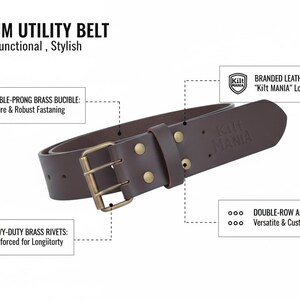 May include: A brown leather utility belt with a double-prong brass buckle and brass rivets. The belt features the text "Kilt MANIA" and is described as durable, functional, and stylish. The belt has a double-row adjustment for a versatile fit.