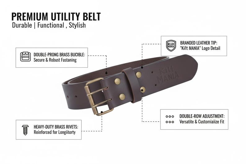 May include: A brown leather utility belt with a double-prong brass buckle and brass rivets. The belt features the text "Kilt MANIA" and is described as durable, functional, and stylish. The belt has a double-row adjustment for a versatile fit.