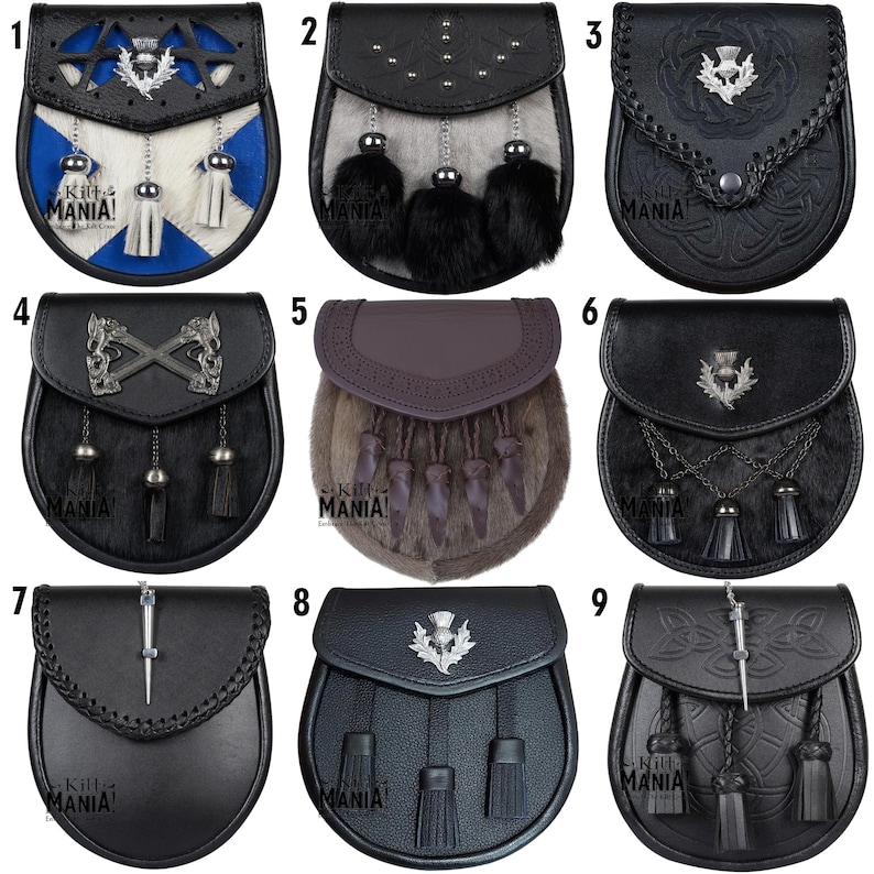 May include: Nine different styles of black leather sporrans with various embellishments, including a thistle, a cross, and a dagger. Some sporrans have fur trim and tassels.