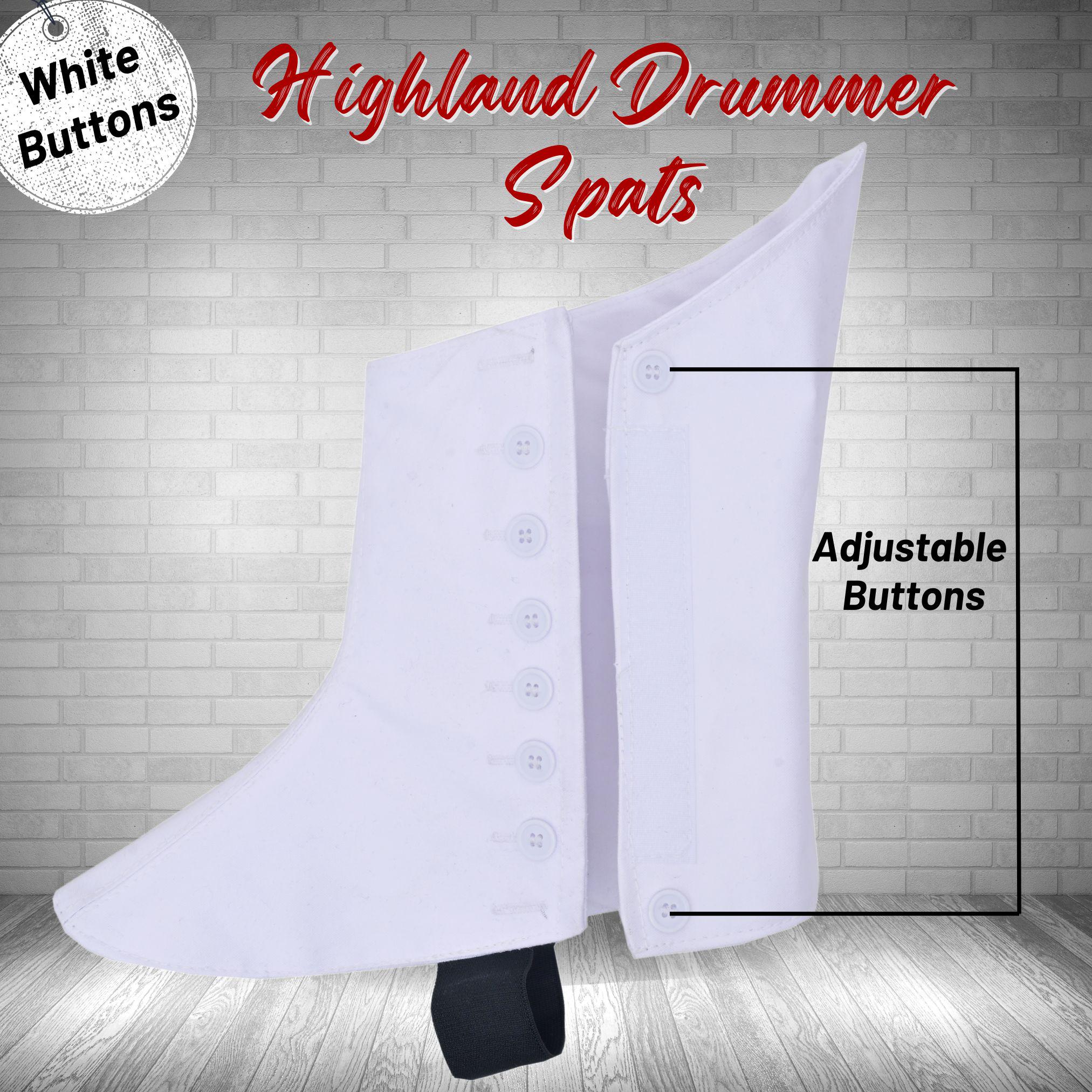 Traditional Scottish Kilt Spats – White & Black Buttons, Highland Piper Drummer
