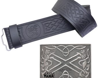 Scottish Lion Rampant Leather Kilt Belt & Buckle Set - Antique Silver Finish