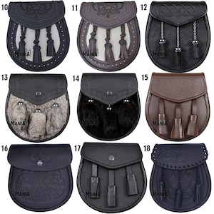 May include: Nine different styles of leather sporrans, a traditional Scottish accessory, with various embellishments and colors. The sporrans are numbered 10 through 18.