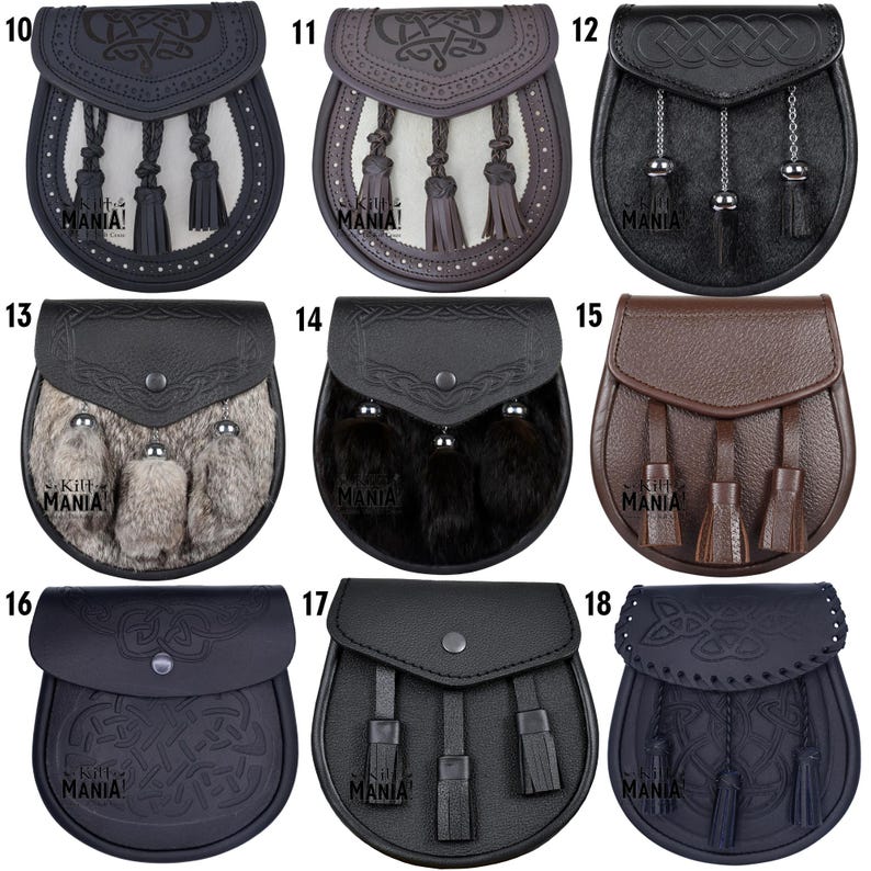May include: Nine different styles of leather sporrans, a traditional Scottish accessory, with various embellishments and colors. The sporrans are numbered 10 through 18.