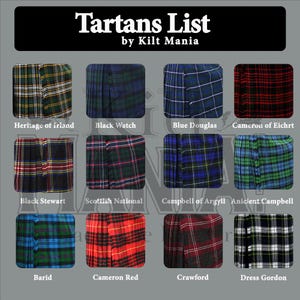 May include: A grid of tartan patterns, each labeled with a name like "Heritage of Irland" and "Black Watch." The image is titled "Tartans List by Kilt Mania."