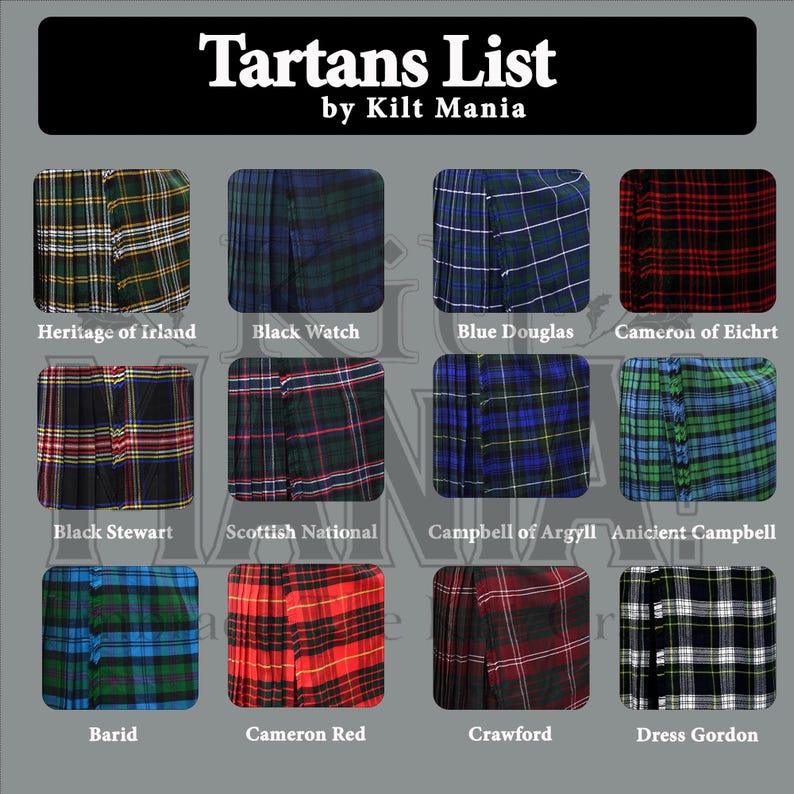 May include: A grid of tartan patterns, each labeled with a name like "Heritage of Irland" and "Black Watch." The image is titled "Tartans List by Kilt Mania."