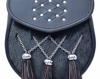 Scottish Kilt Sporran - Black Fur & Leather Semi-Dress Sporran - Studded Flap with 3 Chain Tassels - Highland Wear Wedding Accessory