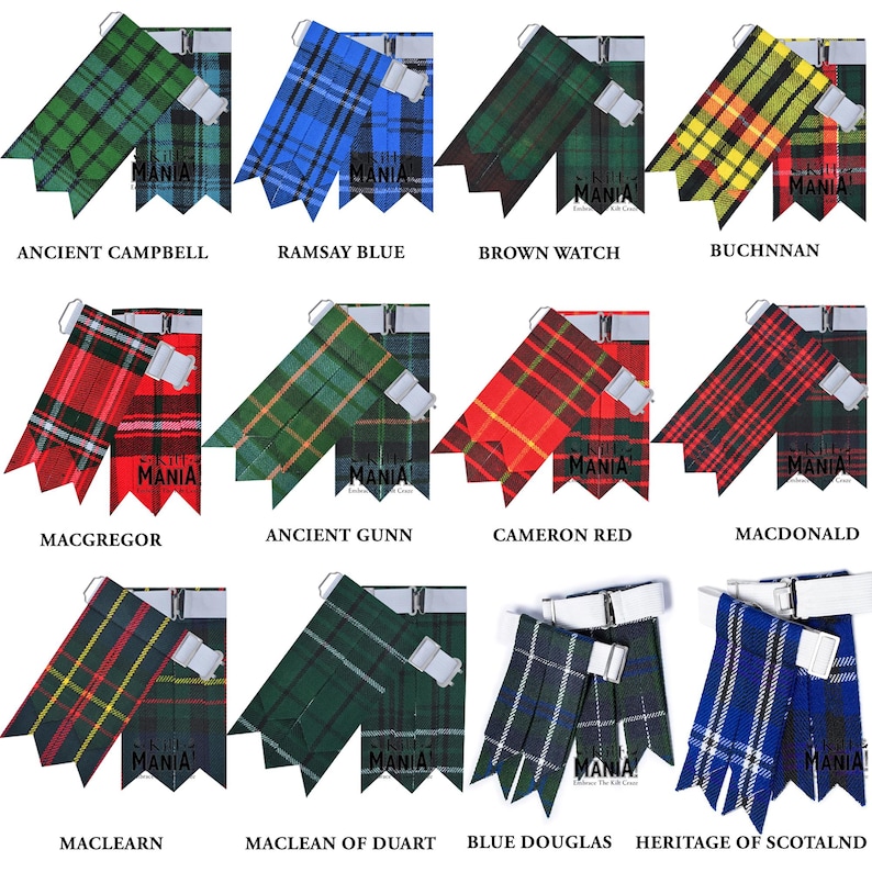 May include: A set of 10 different tartan kilt hose, each with a unique pattern and color combination. The kilt hose are made of high-quality fabric and are perfect for adding a touch of traditional Scottish style to any outfit.