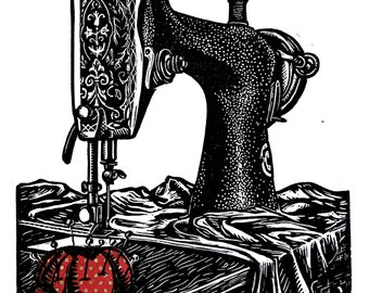 Sewing machine linocut print