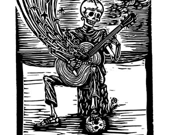 Musician skeleton linocut