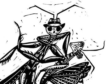 Praying mantis couple tango dancing blockprint