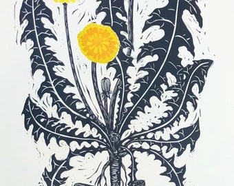 Dandelion linocut print