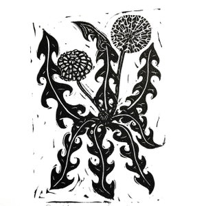 Black and White Dandelion Linocut Print