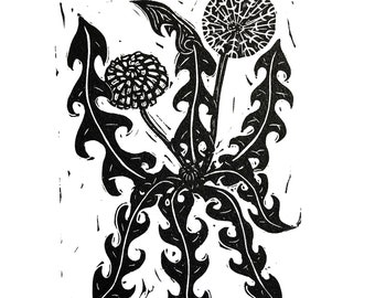 Black and White Dandelion Linocut Print