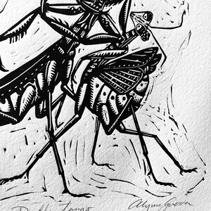 Praying mantis couple tango dancing blockprint image 3