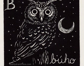 Owl - B is for búho spanish alphabet linocut