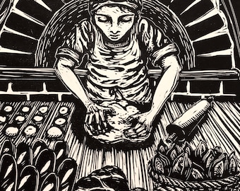 Baker linocut print