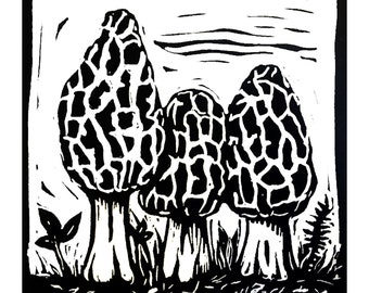 Morel mushrooms linocut print