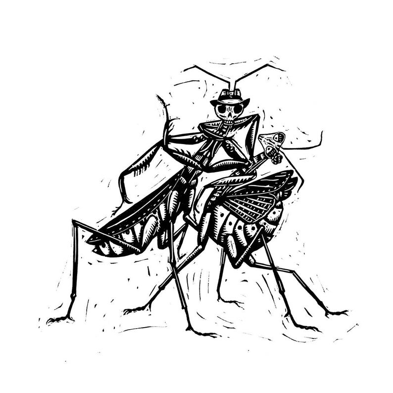 Praying mantis couple tango dancing blockprint image 1