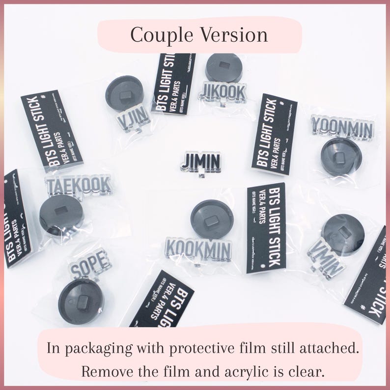 May include: A collection of BTS light stick version 4 parts in individual plastic packaging. Each set includes a black circular base and a clear acrylic name tag featuring text such as JIKOOK, VJIN, YOONMIN, TAEKOOK, JIMIN, KOOKMIN, SOPE, and VMIN.