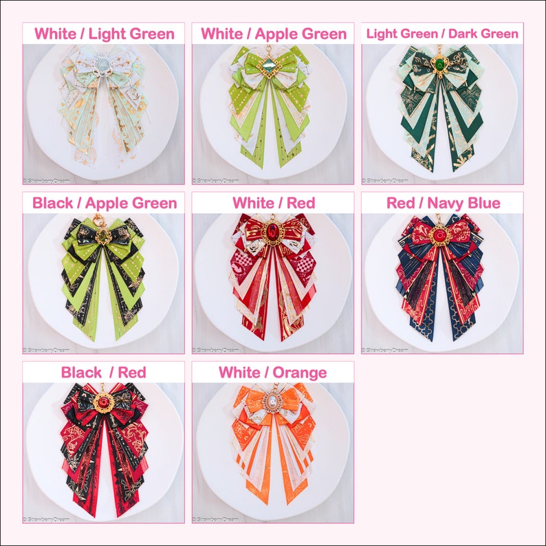 Puede incluir: Nueve lazos de tela diferentes con varias combinaciones de colores, incluyendo blanco, verde claro, verde manzana, verde oscuro, negro, rojo, azul marino y naranja. Cada lazo se muestra en un plato blanco.