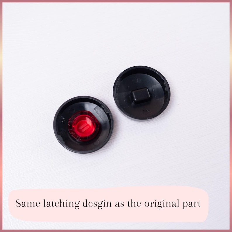 May include: Two circular black plastic caps with a smooth finish. One cap features a translucent red circular insert in the center, while the other shows a solid black underside with a rectangular protrusion. Text reads: Same latching desgin as the original part.
