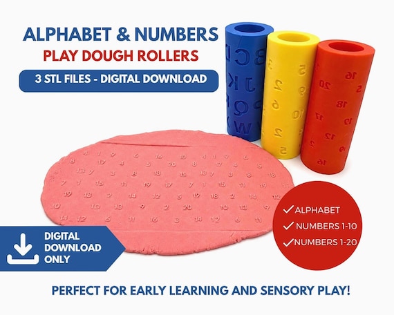 3 Alphabet & Numbers Playdough Texture Rollers 3D Printer Files - DIGITAL DOWNLOAD ONLY - 3D Printed Toys, Montessori Play, Educational Toys