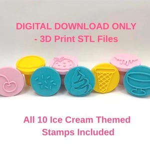Puede incluir: Un juego de 10 sellos circulares en rosa, amarillo y azul con diseños en relieve de helados, incluyendo una cereza, un cono y una copa. Texto: DIGITAL DOWNLOAD ONLY - 3D Print STL Files. All 10 Ice Cream Themed Stamps Included.
