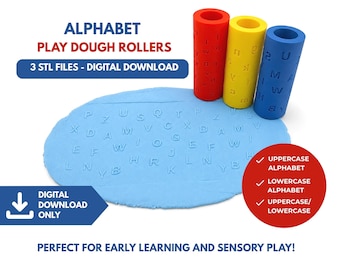 May include: Three cylindrical play dough rollers in red, yellow, and blue, each embossed with alphabet letters. A flat, light blue piece of dough shows imprinted letters. Text includes ALPHABET PLAY DOUGH ROLLERS, 3 STL FILES - DIGITAL DOWNLOAD.