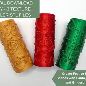 May include: Three cylindrical texture rollers in gold, red, and green. The gold roller features gingerbread men, houses, and mugs. The red roller displays Santa in a sleigh with a moon and stars. The green roller shows snowmen and pine trees.