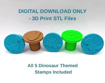 May include: Five circular stamps with dinosaur and leaf motifs in blue, brown, and green. Text reads: DIGITAL DOWNLOAD ONLY - 3D Print STL Files. All 5 Dinosaur Themed Stamps Included. These are physical representations of digital files.