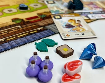May include: A collection of miniature game pieces including purple potion bottles, green leaves, a blue crystal, a piece of toast with butter, and two red pieces of meat.
