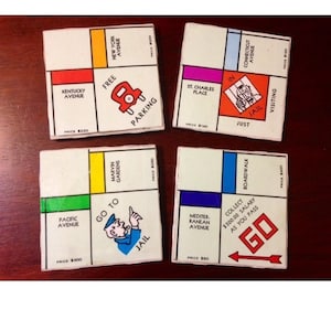 Up-Cycled SCRABBLE or MONOPOLY COASTERS- set of four hand made, one of a kind tile & board by GmaJanisew