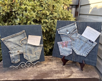 one of a kind blue jean pocket wall hanging by GmaJanisew